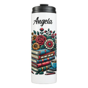 Gepersonaliseerde boeken, koffie en bloemen thermosbeker