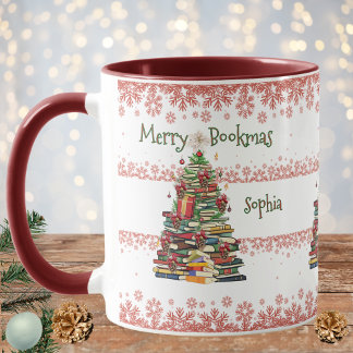 Gepersonaliseerde boekenboom met rode sneeuwvlokke mok