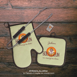 Gepersonaliseerde BOERSEUN Windpomp Afrikaans Braa Ovenwant & Pannenlap Set