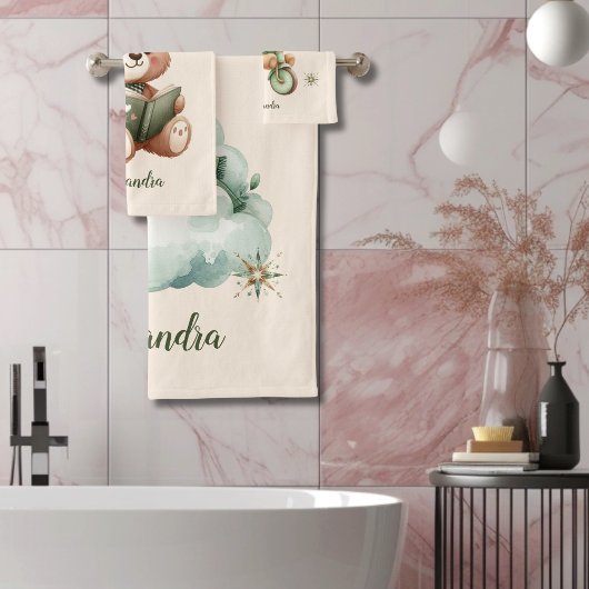 Gepersonaliseerde Boho Groene Teddybeer Bad Handdoek