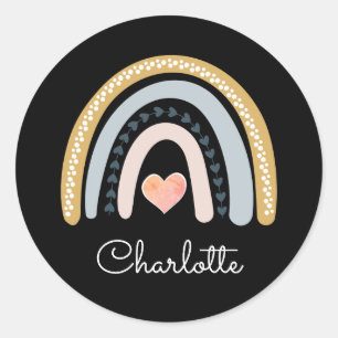 Gepersonaliseerde Boho Waterverf Rainbow Black Ronde Sticker