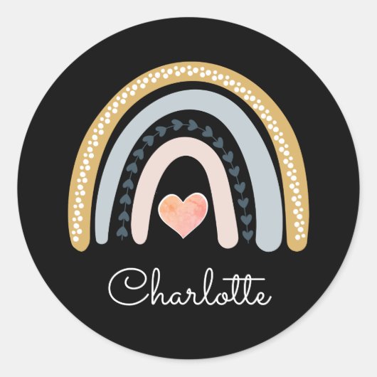 Gepersonaliseerde Boho Waterverf Rainbow Black Ronde Sticker (Voorkant)