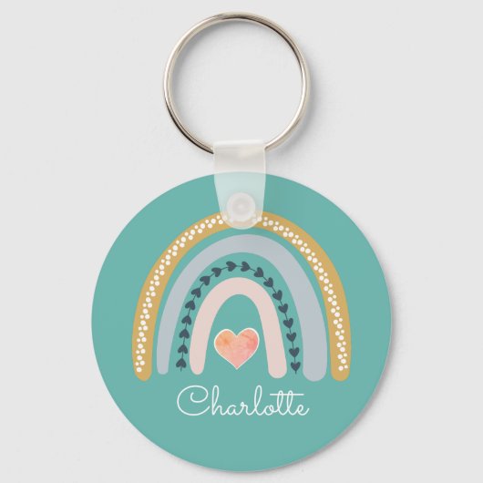 Gepersonaliseerde Boho Waterverf Rainbow Turquoise Sleutelhanger (Voorkant)