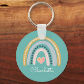 Gepersonaliseerde Boho Waterverf Rainbow Turquoise Sleutelhanger (Voorkant)