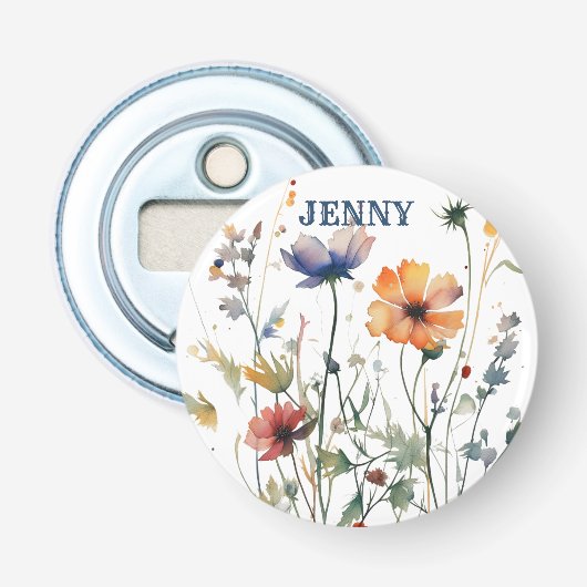 Gepersonaliseerde Boho Wildflowers Huwelijksgunst  Button Flesopener (Voorkant)