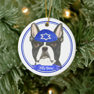 Gepersonaliseerde Boston Terrier Chanoeka Yarmulke Keramisch Ornament