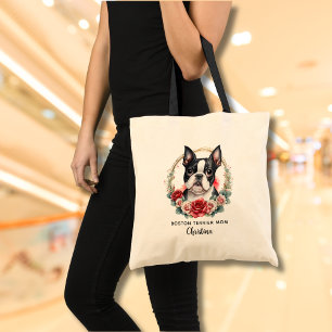 Gepersonaliseerde Boston Terrier Dog Mom Bloemenkr Tote Bag