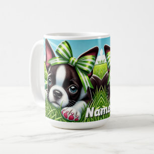 Gepersonaliseerde Boston Terrier-puppy met groene  Koffiemok