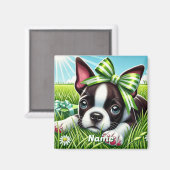 Gepersonaliseerde Boston Terrier-puppy met groene  Magneet (Voorkant / Achterkant)