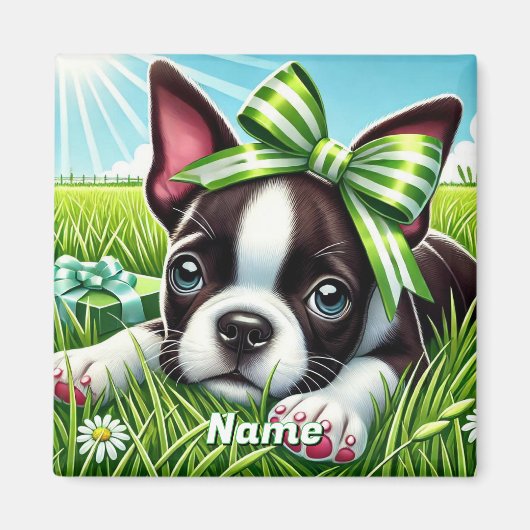 Gepersonaliseerde Boston Terrier-puppy met groene  Magneet (Voorkant)