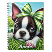 Gepersonaliseerde Boston Terrier-puppy met groene  Notitieboek (Voorkant)