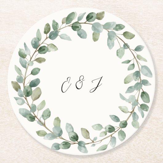 Gepersonaliseerde botanische groen bruiloft ronde kartonnen onderzetter (Voorkant)