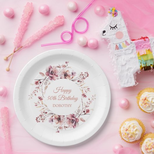 Gepersonaliseerde Bourgogne Roze Bloemen 50ste Ver Papieren Bordje (Feest)