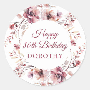 Gepersonaliseerde Bourgogne Roze Bloemen 80ste Ver Ronde Sticker
