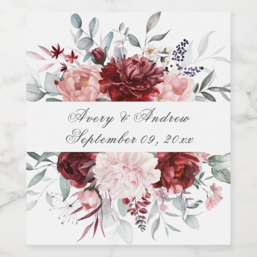 Gepersonaliseerde Bourgondische roze bruiloft Wijn Etiket (Enkel label)