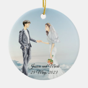 Gepersonaliseerde bride en bruidegom op het Clouds Keramisch Ornament
