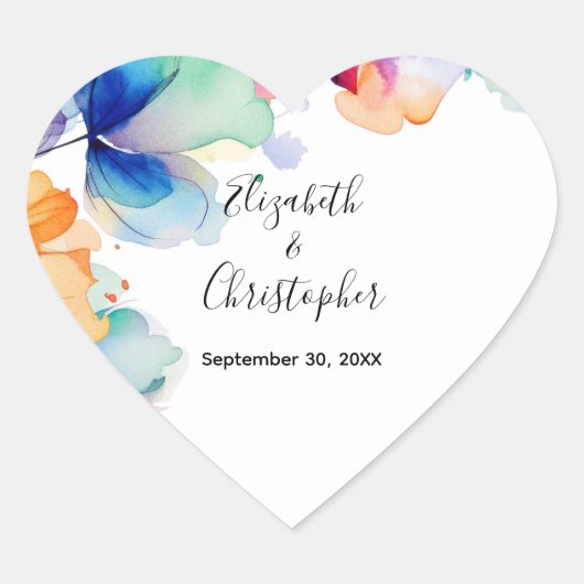 Gepersonaliseerde Bright Floral Waterverf bruiloft Hart Sticker (Voorkant)