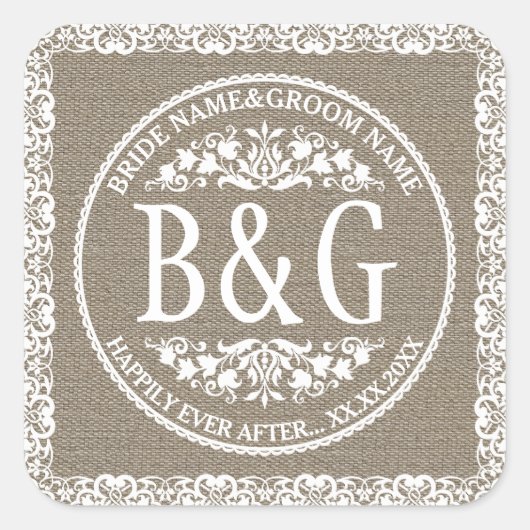 Gepersonaliseerde bruid & bruidegom Burlap & Lace Vierkante Sticker (Voorkant)