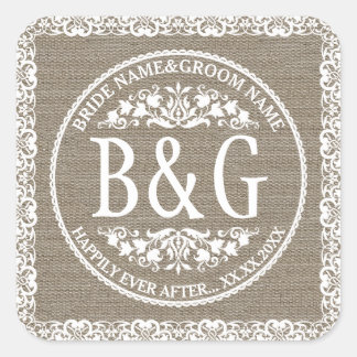 Gepersonaliseerde bruid & bruidegom Burlap & Lace Vierkante Sticker