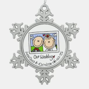 Gepersonaliseerde bruid bruidegom foto sneeuwvlok tin sneeuwvlok ornament