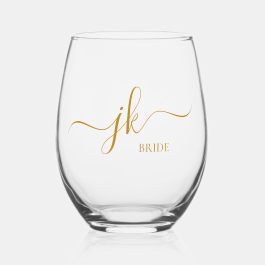 Gepersonaliseerde bruidsnaam Gold Script Monogram Wijnglas Zonder Voet (Voorkant)