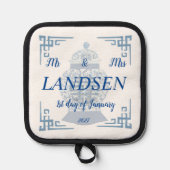 Gepersonaliseerde bruiloft blauw en wit gember pot pannenlap (Voorkant)