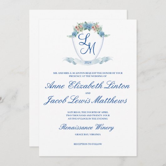 Gepersonaliseerde bruiloft Crest met Hydrangea Kaart (Voorkant / Achterkant)