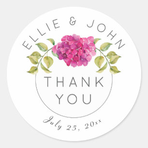 Gepersonaliseerde bruiloft dank u Hot Pink Hydrang Ronde Sticker