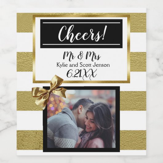 Gepersonaliseerde bruiloft goud en zwarte boog wijn etiket (Enkel label)