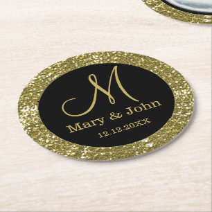Gepersonaliseerde bruiloft Monogram Glitter Gold Ronde Kartonnen Onderzetter