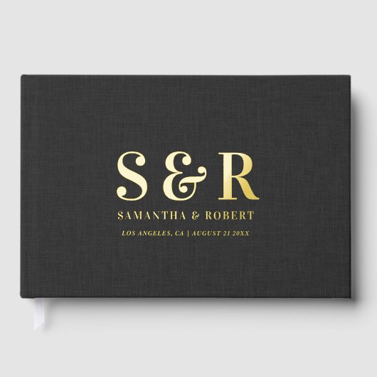 Gepersonaliseerde bruiloft monogram zwart linnen gastenboek (Voorkant)