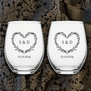 Gepersonaliseerde bruiloft paar monogram hart wijnglas zonder voet