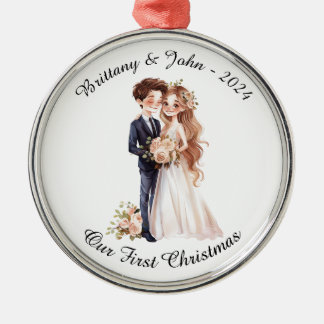 Gepersonaliseerde bruiloft paar, onze eerste Kerst Metalen Ornament