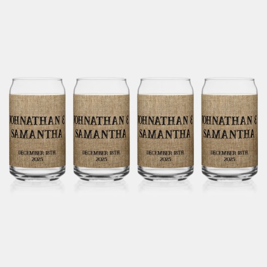Gepersonaliseerde bruiloft rustieke burlap natuur  blikvorm glas (Voorkant)