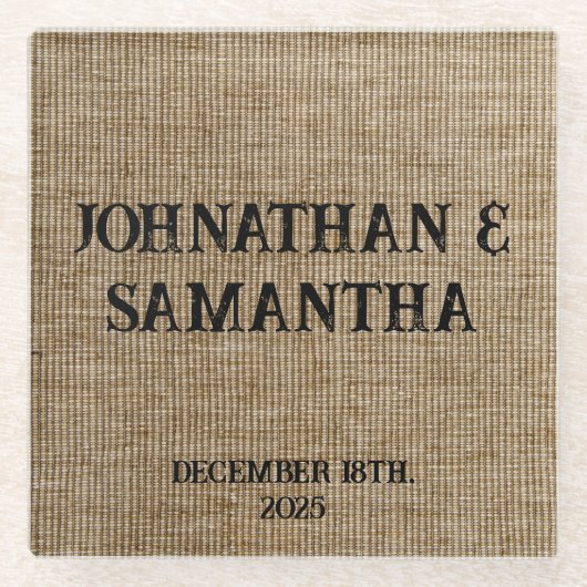 Gepersonaliseerde bruiloft rustieke burlap natuur glazen onderzetter (Voorkant)