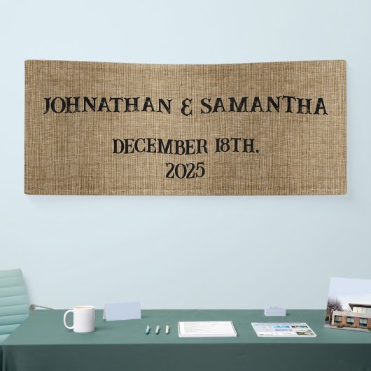 Gepersonaliseerde bruiloft rustieke burlap natuur spandoek (Beurs)