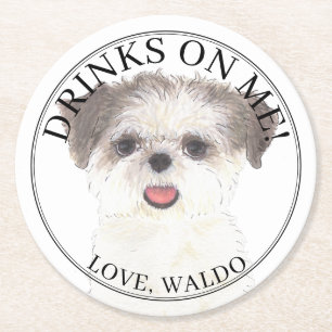Gepersonaliseerde Bruin & Wit Shih Tzu Hond Huweli Ronde Kartonnen Onderzetter