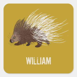 Gepersonaliseerde bruine en mosterd Porcupine Vierkante Sticker