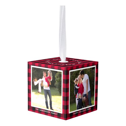 Gepersonaliseerde Buffelspelfamilie met kerstmis Kubus Ornament (Achter hoekig)