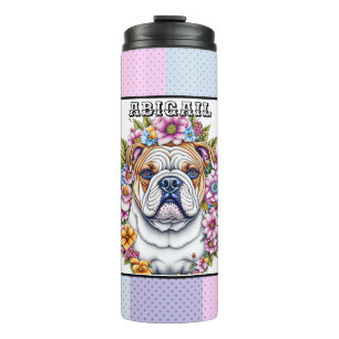 Gepersonaliseerde buldog en grillige bloemen thermosbeker