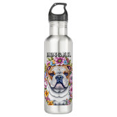 Gepersonaliseerde buldog en grillige bloemen waterfles (Voorkant)
