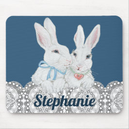 Gepersonaliseerde Bunny Rabbit Blue en White Lace  Muismat