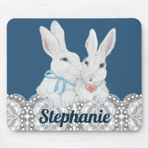Gepersonaliseerde Bunny Rabbit Blue en White Lace  Muismat