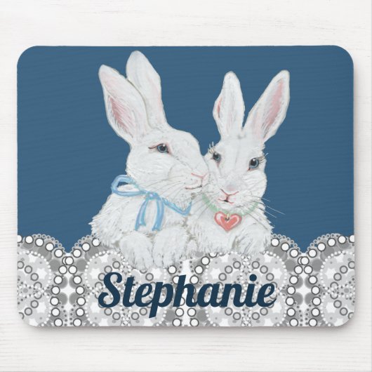 Gepersonaliseerde Bunny Rabbit Blue en White Lace  Muismat (Voorkant)