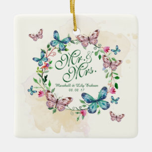 Gepersonaliseerde Butterfly Wreath Wedding   Versi Keramisch Ornament