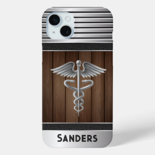 Gepersonaliseerde Caduceus Doctor Metal & Wood iPhone 15 Mini Hoesje