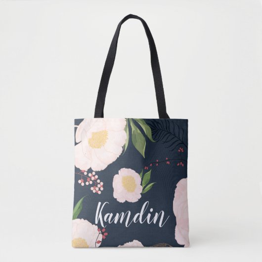 Gepersonaliseerde Canvas tas Witte Bloemen op Donk (Voorkant)