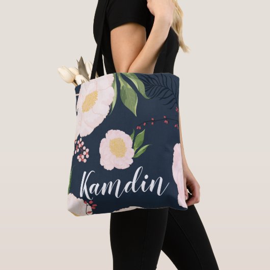 Gepersonaliseerde Canvas tas Witte Bloemen op Donk (Dichtbij)