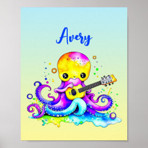 Gepersonaliseerde Cartoon Octopus Gitaar spelen P Poster