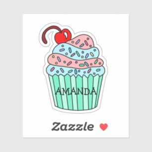Gepersonaliseerde Cartoon Roze en Blauwe Cupcake Sticker